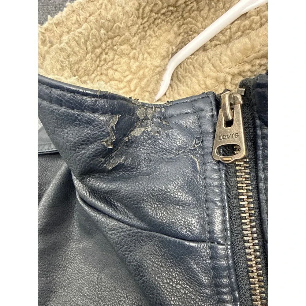 Levis Jacket Mens L Blue Faux Leather Sherpa Lined Bomber Moto Biker Style